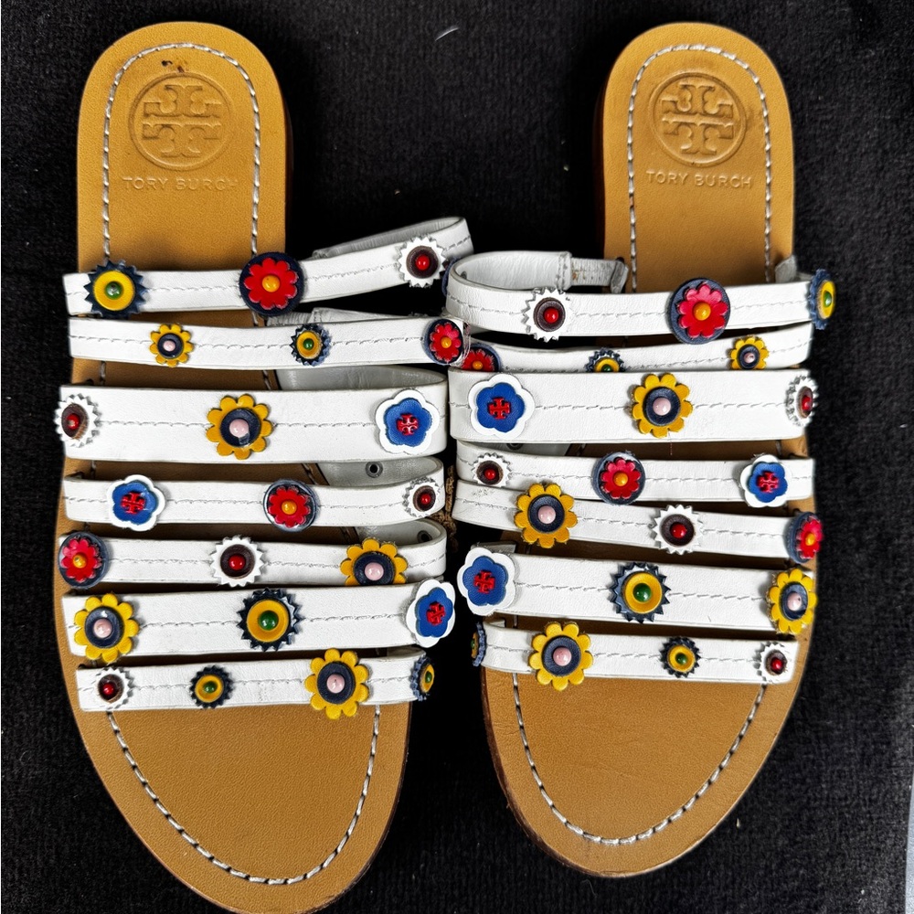 Tory Burch White Sandals with Colorful Floral Accents